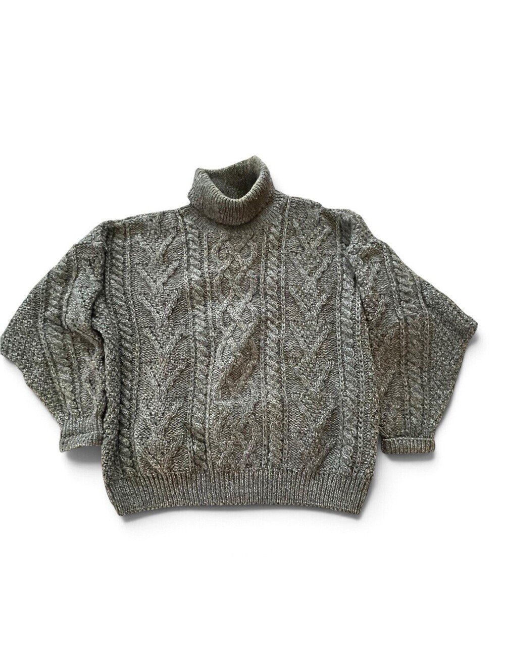 VTG Acorn 100% Wool Cable Knit Turtleneck Sweater Olive Green M Fisherman Jumper